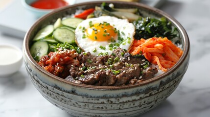 Wall Mural - AI generated illustration of a bowl with a delicious mix of beef, eggs and vegetables