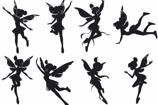 Cartoon magic fairy tale little fairies silhouettes. Magical little fairies girls flying with butterflies illustration set. Fantasy pixie creatures.