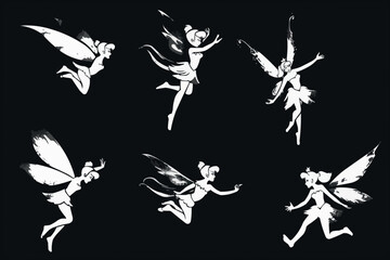 Wall Mural - Cartoon magic fairy tale little fairies silhouettes. Magical little fairies girls flying with butterflies illustration set. Fantasy pixie creatures.