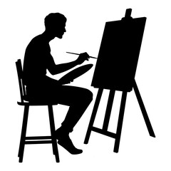 Silhouette of an male artist painting a canvas on an easel. vector illustration