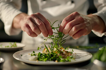 Wall Mural - a chef's hands carefully garnishing a gourmet dish with fresh herbs