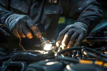 Wall Mural - a mechanic's hands inspecting car engine parts with a flashlight