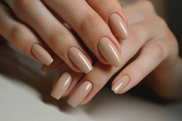 Wall Mural - Closeup to woman hands with elegant neutral colors manicure. Beautiful nude manicure on long nails. Nude shade nail manicure with gel polish at luxury beauty salon