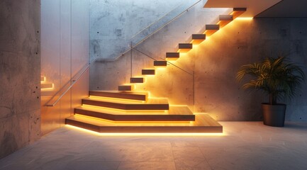 Wall Mural - Staircase design with glass balustrades and wooden steps, illuminated with warm LED lights for an elegant look in the modern home interior.