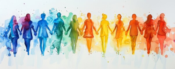 Wall Mural - Watercolor Illustration of people holding hands in rainbow colors, standing together on white background 