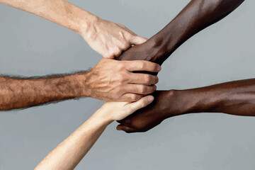 Wall Mural - Close up of high five hand gesture, symbol of common celebration or greeting, people planning to reach their goal, slap each other to start working together.