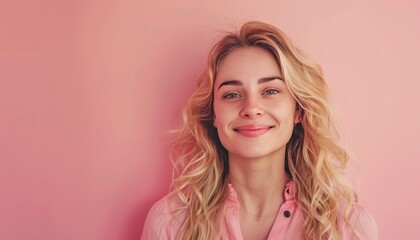 Wall Mural - Smiling woman with blonde hair on pastel background, high-quality image for design use