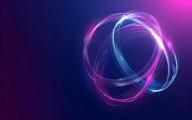 Abstract background with neon glowing light streaks forming the shape of two intertwined rings on a dark blue purple background
