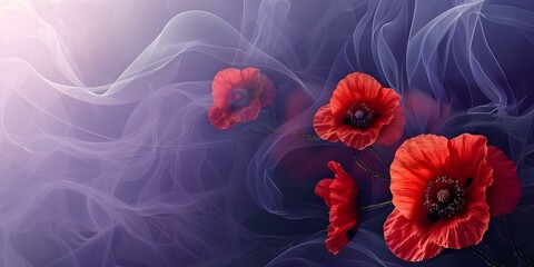 Wall Mural - Anzac Day digital design with red poppy flowers on a purple background. Concept Graphic Design, Anzac Day, Poppy Flowers, Purple Background, Digital Art