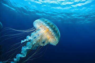 Wall Mural - AI generated illustration of a jellyfish swimming in the sea