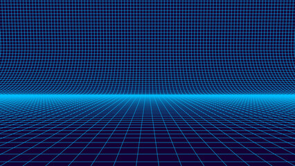 Fototapete - Blue Tech Grid of Curved 3D Stage. Perspective Grid Floor. VR Virtual Reality Metaverse Environment. Wide Blueprint Background Texture. Vector Illustration.