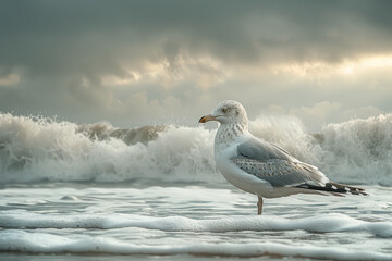 A lone seagull standing sentinel on a windswept beach, surveying the vast expanse of the sea. Concept of coastal guardianship and maritime solitude. Generative Ai.