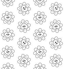 Wall Mural - Vector seamless pattern of groovy outline flowers with hearts isolated on white background