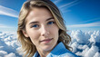 a woman with blue eyes and a blue shirt is standing in the clouds.