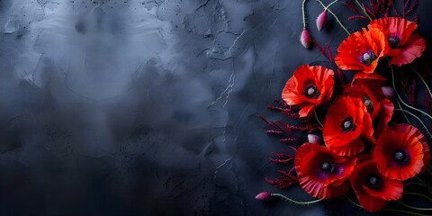 Wall Mural - Anzac Day tribute: digital design with poppies on a black background. Concept Anzac Day Tribute, Digital Design, Poppies, Black Background