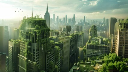 Canvas Print - A bustling cityscape featuring numerous trees flourishing amidst the urban environment, Post-apocalyptic cityscape taken over by nature, with ivy-covered skyscrapers