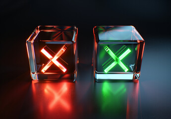 3d icon of an illuminated green check mark and red X on two different glass squares, on black background, vibrant colors, octane render