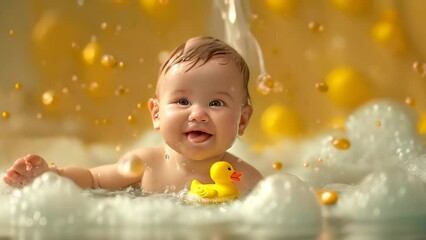 Wall Mural - A baby joyfully splashes in a bathtub filled with bubbles, holding a rubber ducky toy, A baby splashing happily in a bubble bath, surrounded by rubber duckies and bath toys