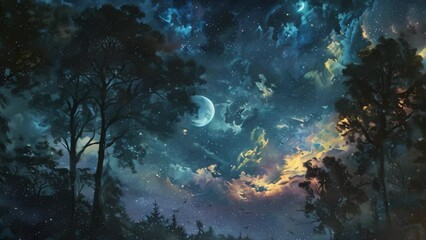 Wall Mural - night sky filled with stars shining brightly amidst scattered clouds, a backdrop as dark as the nigh
