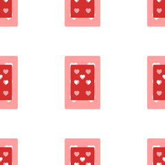 Wall Mural - Seamless pattern of large isolated red seven of hearts playing cards. The elements are evenly spaced. Illustration on light red background