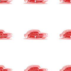 Wall Mural - Seamless pattern of large isolated red vintage car symbols. The elements are evenly spaced. Illustration on light red background