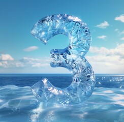 Wall Mural - An ice number 3 with frosted glass effect on a blue sky and sea background.