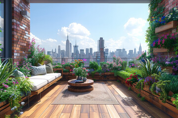 Sticker - A chic rooftop garden oasis, with lush greenery, comfortable seating, and panoramic views of the urban skyline, providing a peaceful sanctuary amidst the bustling city below.  Generative Ai.