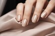 © Kelum - Closeup to woman hands with elegant neutral colors manicure. Beautiful natural looking gel polish manicure on square nails