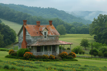 Sticker - A rustic farmhouse nestled among rolling hills, its weathered facade and sprawling gardens evoking a sense of timeless charm and simplicity. Generative Ai.