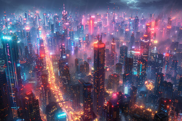 Wall Mural - a futuristic cityscape illuminated by neon lights and towering skyscrapers, bustling with activity a