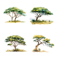 Set of vector safari trees in style of watercolor