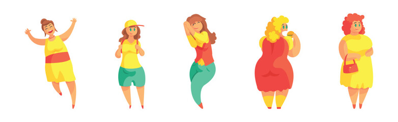 Wall Mural - Positive Plus Size Woman Character Enjoy Life Vector Set