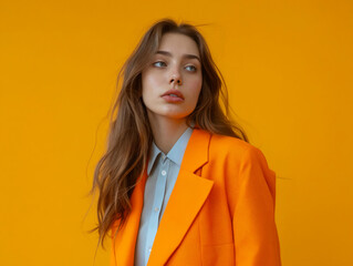 Wall Mural - A woman in an orange jacket and shirt.