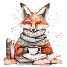 Illustration Of A Cozy Fox Wearing A Scarf, Surrounded By Books And A Warm Cup Of Coffee