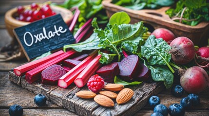 Wide-Angle Shot of a Rustic Wooden Table Displaying Raw Spinach, Beet Greens, Beetroot Slices, Rhubarb Stalks, Almonds, and Various Berries - Oxalate Awareness