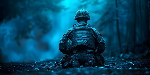 Wall Mural - A lone weary Navy serviceman kneels in a dark forest struggling with PTSD. Concept Sadness, Military, PTSD, Solitude, Healing