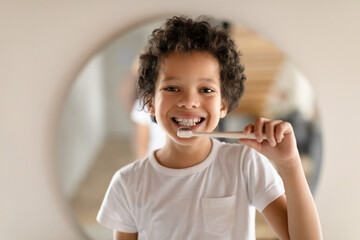 African American young boy is standing in front of a mirror, holding a toothbrush and brushing his teeth. He is focused on the task, looking at his reflection to ensure a thorough cleaning.