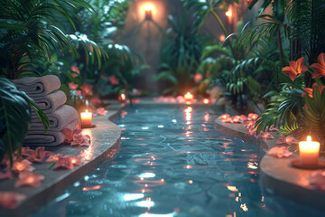 Sticker - A luxurious spa retreat offering pampering treatments and relaxation, its serene atmosphere melting away stress and tension. Concept of indulgent self-care and rejuvenation. Generative Ai.