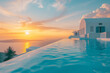 Sunset landscape with outdoor infinity pool in a Mediterranean style villa with sea views
