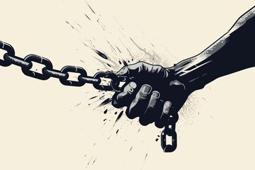 Wall Mural - Juneteenth. Hand breaking a chain in a dramatic black and white illustration