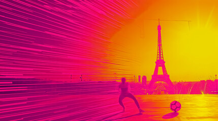 Wall Mural - simple line art minimalist collage illustration with a professional football player with a soccer ball practicing and Eiffel Tower in the background