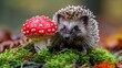 Hedgehog, (Scientific name: Erinaceus Europaeus) wild, native, European hedgehog with red Fly Agaric toadstool, and green moss. Facing forward. Autumn or fall. 