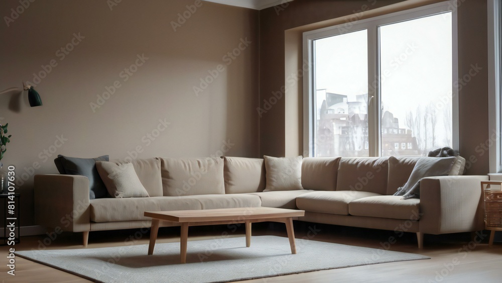 Minimalist living room with a large sectional sofa, wooden coffee table ...
