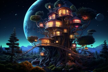 Wall Mural - Stunning digital art of a magical treehouse lit up at night under a starry sky with planets