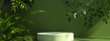 © B-Ast-BRT - Background green podium product platform 3D display stage stand luxury. Green background podium abstract studio leaf pedestal scene minimal plant design cosmetic light presentation wall modern tree.