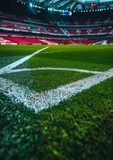 Fototapeta Las - Soccer Stadium Corner with Green Grass and White Lines Generative AI