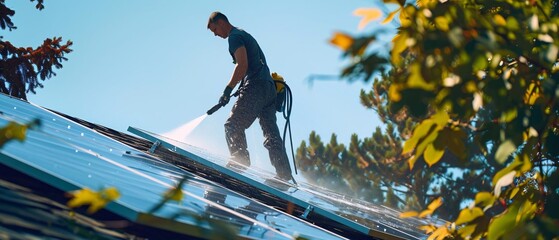 Expertly cleaning solar panels on a colorful residential roof with high-definition clarity and fluid motion