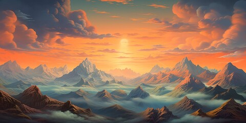 Wall Mural - a majestic mountain landscape at dusk, featuring a vivid blue sky adorned with clouds reminiscent of burning fish scales, illuminated by the vibrant hues of an orange sunset