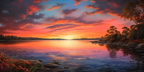 Wall Mural - a tranquil lakeside setting at twilight, where the sky is awash with the vivid colors of an orange sunset, and ethereal clouds resembling shimmering fish scales drift lazily overhead