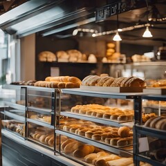 Poster - AI generated illustration of assorted breads and buns displayed behind glass